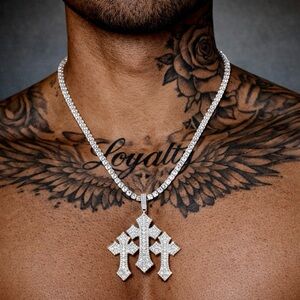 Cross Trio Pendant tennis Necklace 20inch - Silver Tone